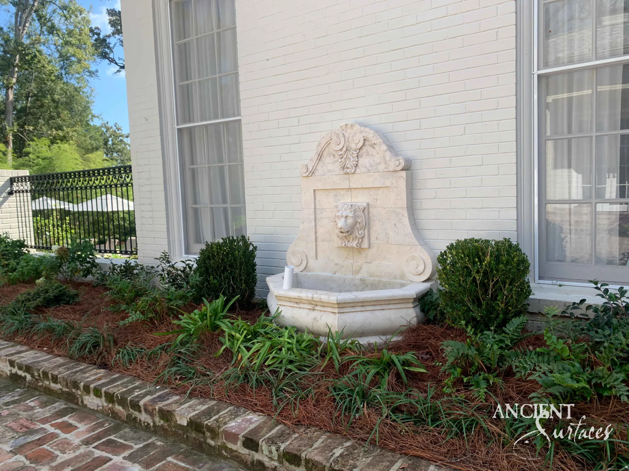 Reclaimed antique limestone wall fountain from Ancient Surfaces installed against a painted brick wall, with a carved palmette crest, rolled corner volutes, a lion mask spout in a raised panel and a canted apron basin set among clipped boxwood